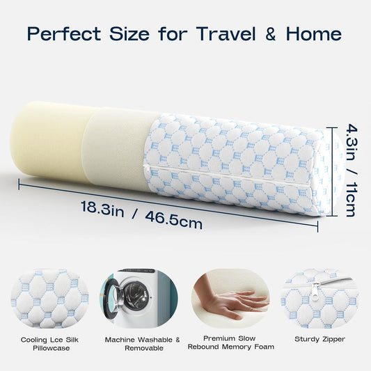 Neck Roll Pillow, Memory Foam Neck Support Pillows, Round Neck Pillows, Cylinder Bolster Pillows for Bed, Couch, and Yoga, Removable Washable Cover,18 * 4.3 * 4.3inch (Cool-Blue)