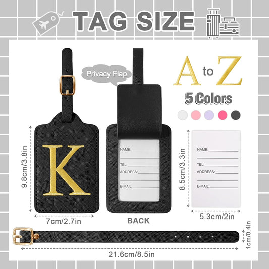 Personalized Initial Luggage Tags for Suitcase TSA Approved, Black Leather Cute Luggage Tag with Privacy Cover Name Card, Embroidered Custom Luggage Tags Travel Backpack Tags Gifts for Women Kids(K)
