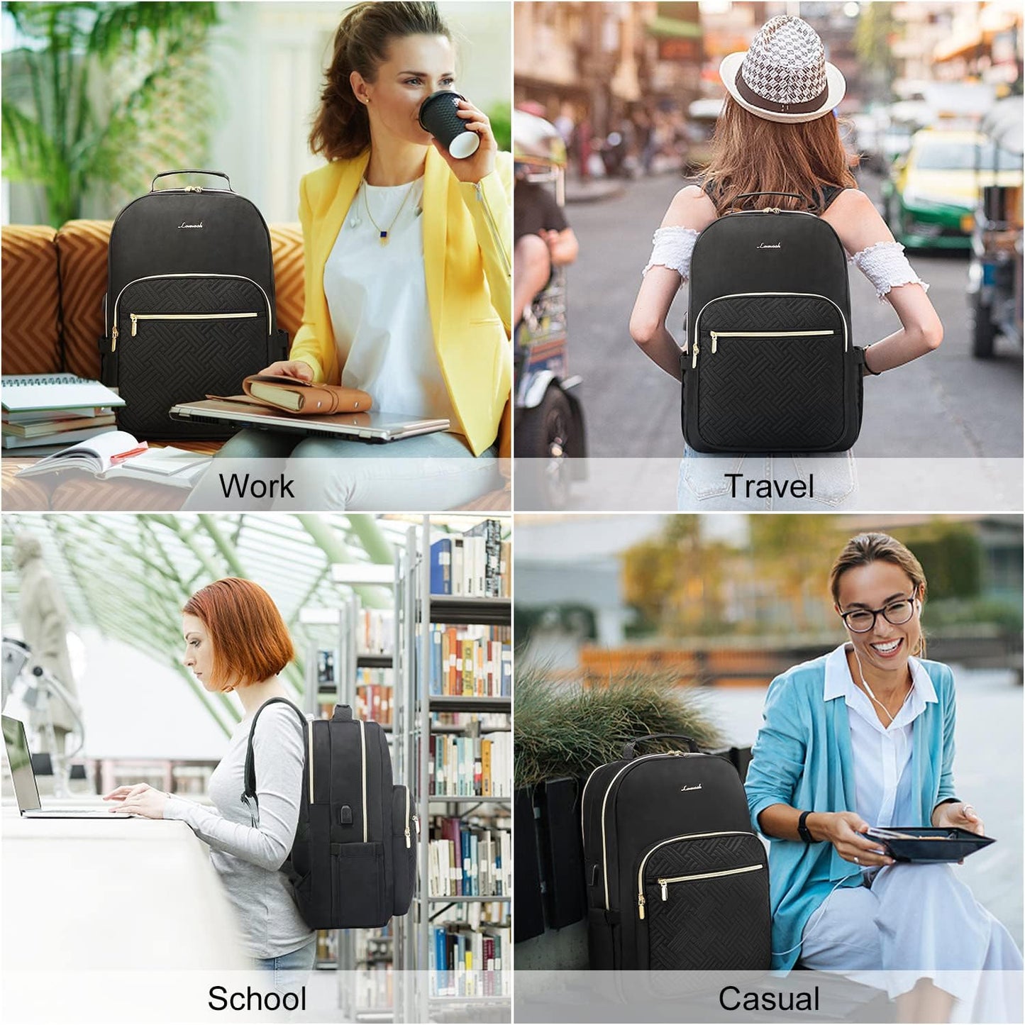 LOVEVOOK Laptop Backpack for Women, Stylish Quilted Backpacks Purse for Business Work Travel, Computer Bags Bag, with USB Port fits 15.6-inch Laptop, Black