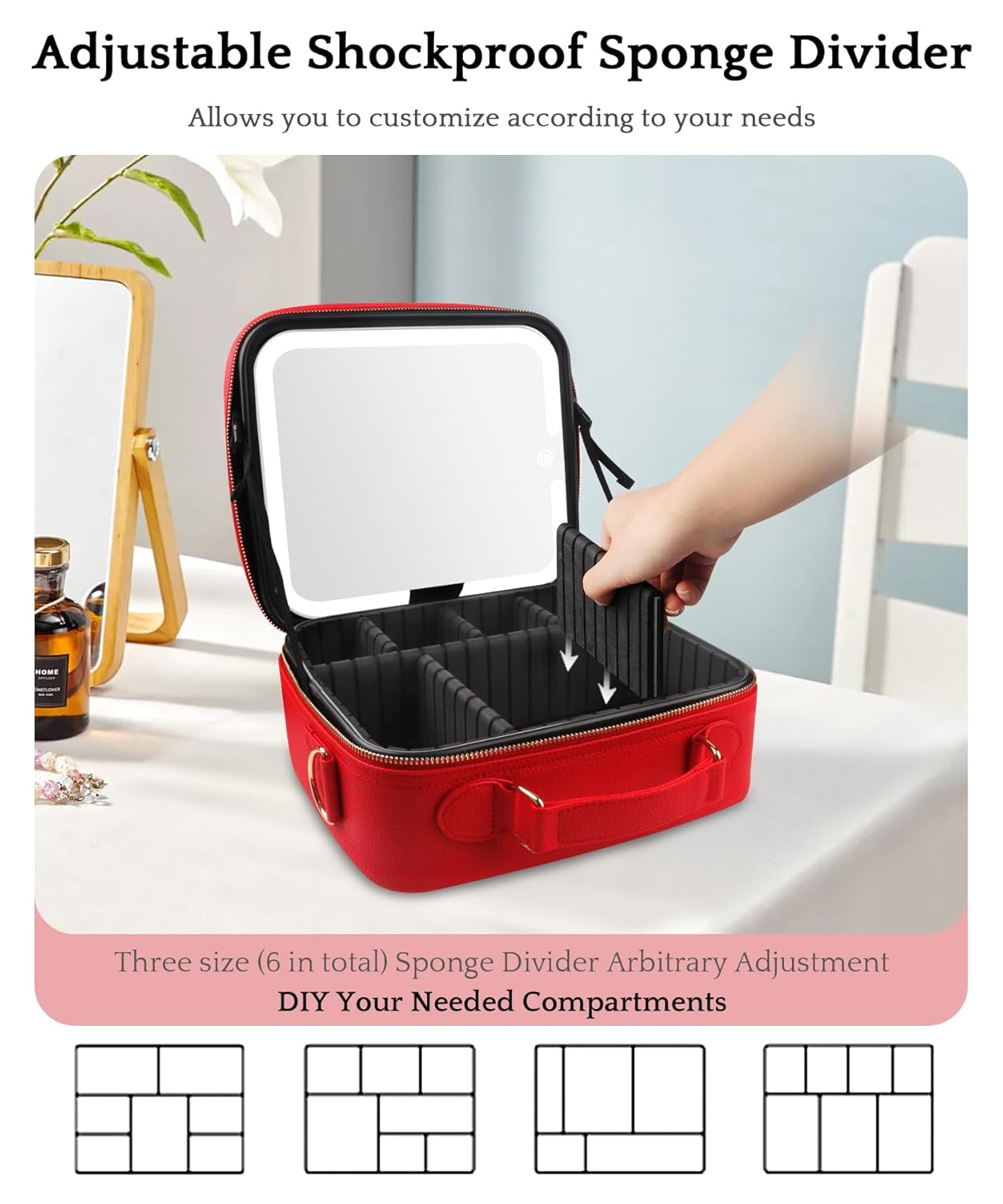 MOMIRA Travel Makeup Bag Cosmetic Bag with Lighted Mirror, Adjustable Brightness in 3 Color Scenarios/Detachable makeup mirror, All-round Upgrade, Waterproof, Gift for Women -Red