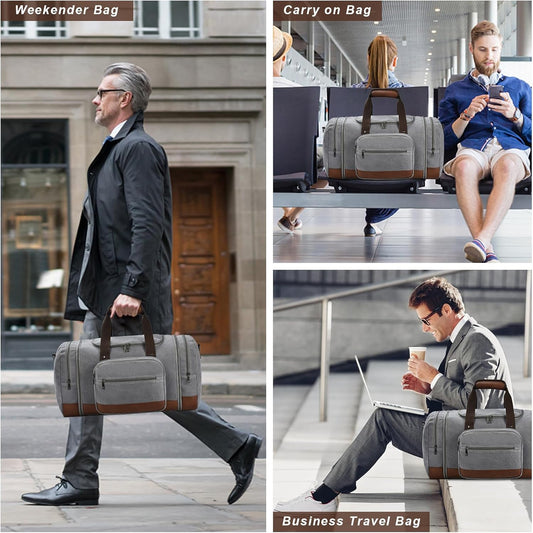 Litvyak Duffle Bag for Travel, 50L Canvas Travel Duffel Bags Overnight Weekend Gym Carry On Luggage Bag for Men & Women(Grey+Toiletry Bag)