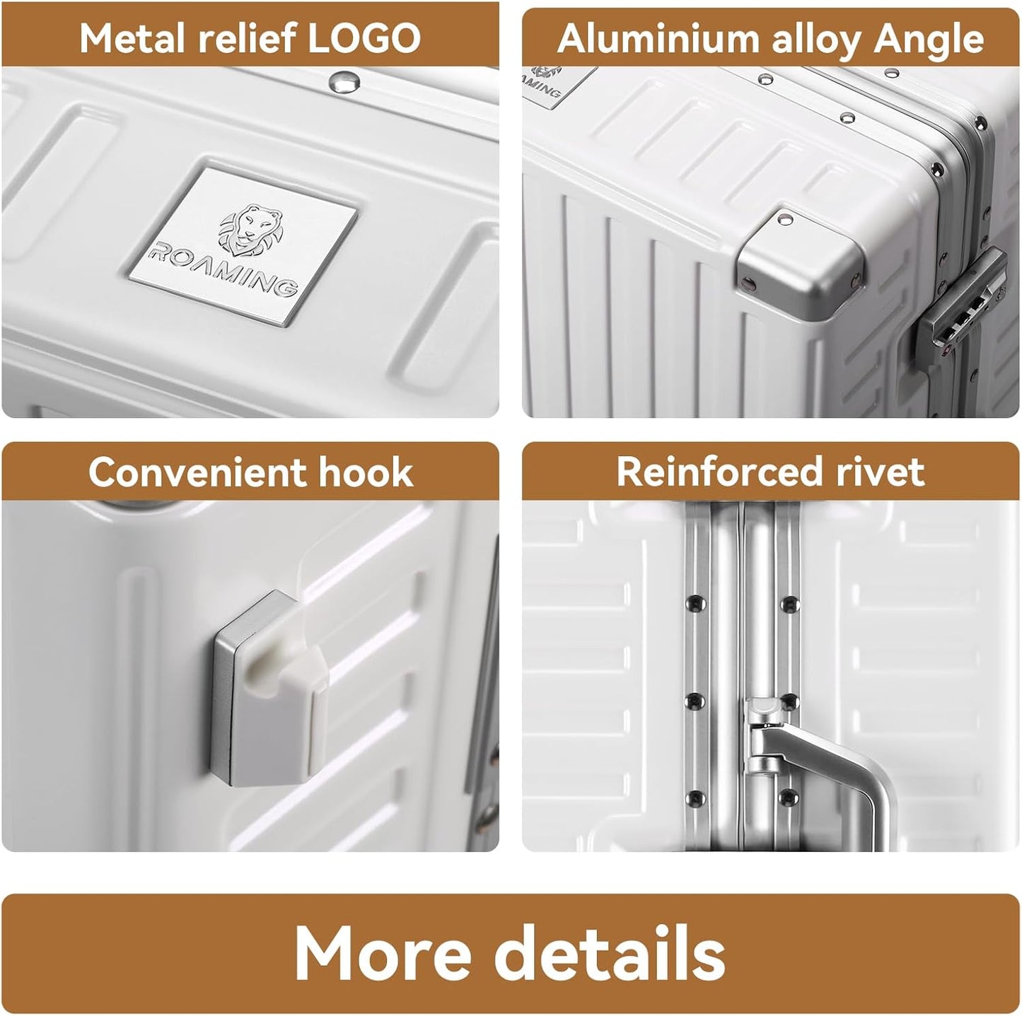 ROAMING Zipperless Luggage 28 Inch with Aluminum Frame, Checked-Large Lightweight 3-Layer PC Hard Shell Suitcase with Spinner Wheels, Metal Travel Luggage with Three TSA Locks, Shell white