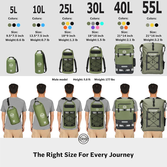 STOVER 5/10/25/30/40/55L Waterproof Backpack- Floating Dry Bag for Kayaking, Travel, Beach, Hiking, & Camping, Men/Women
