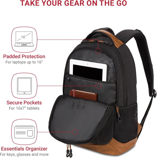 SwissGear 5505 Cecil 16” Laptop Backpack Black Canvas/Brown – Daily Laptop Bag with Gear Attachment Options – Multiple Organizer Pockets & Padded Shoulder Straps