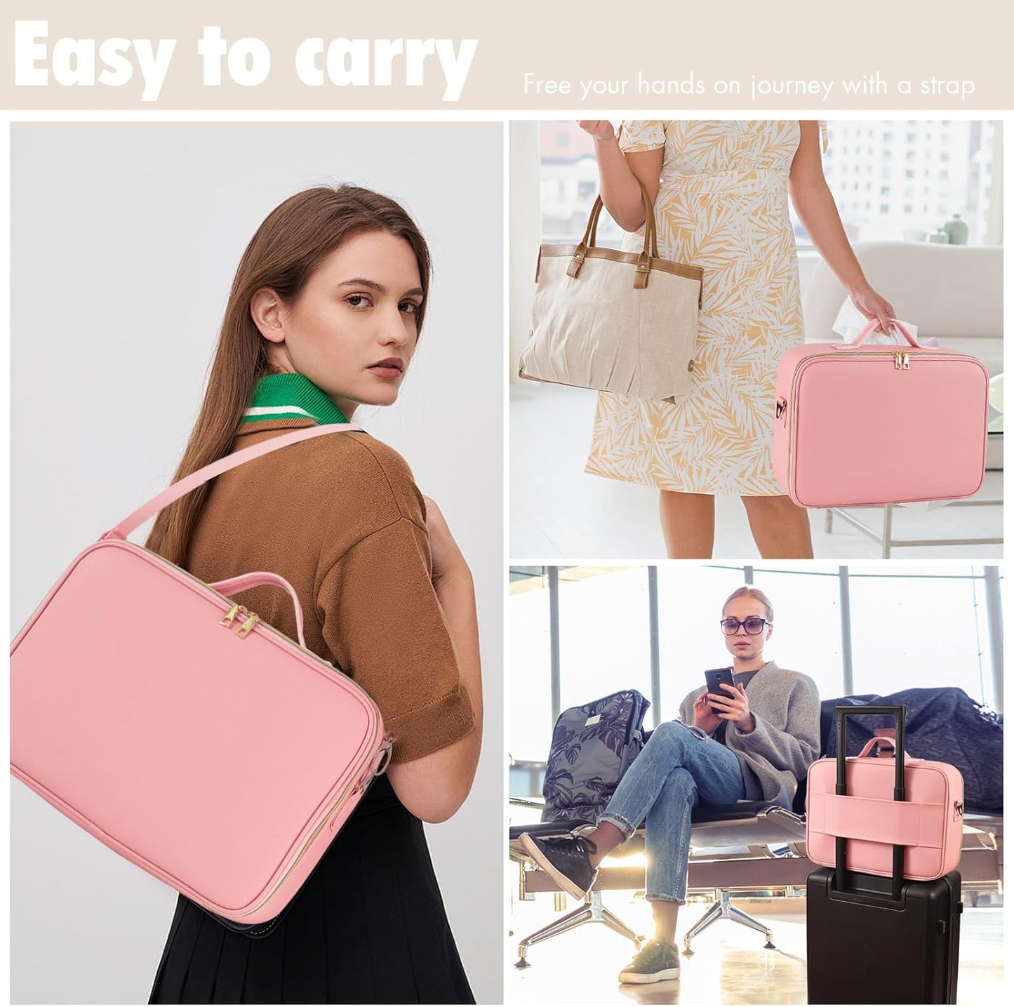 Large Travel Makeup Bag with LED Mirror, 3-Color Stepless Dimming Stand Mirror Detachable, with Adjustable Divider, Makeup Brush Holder Storage (Pink)