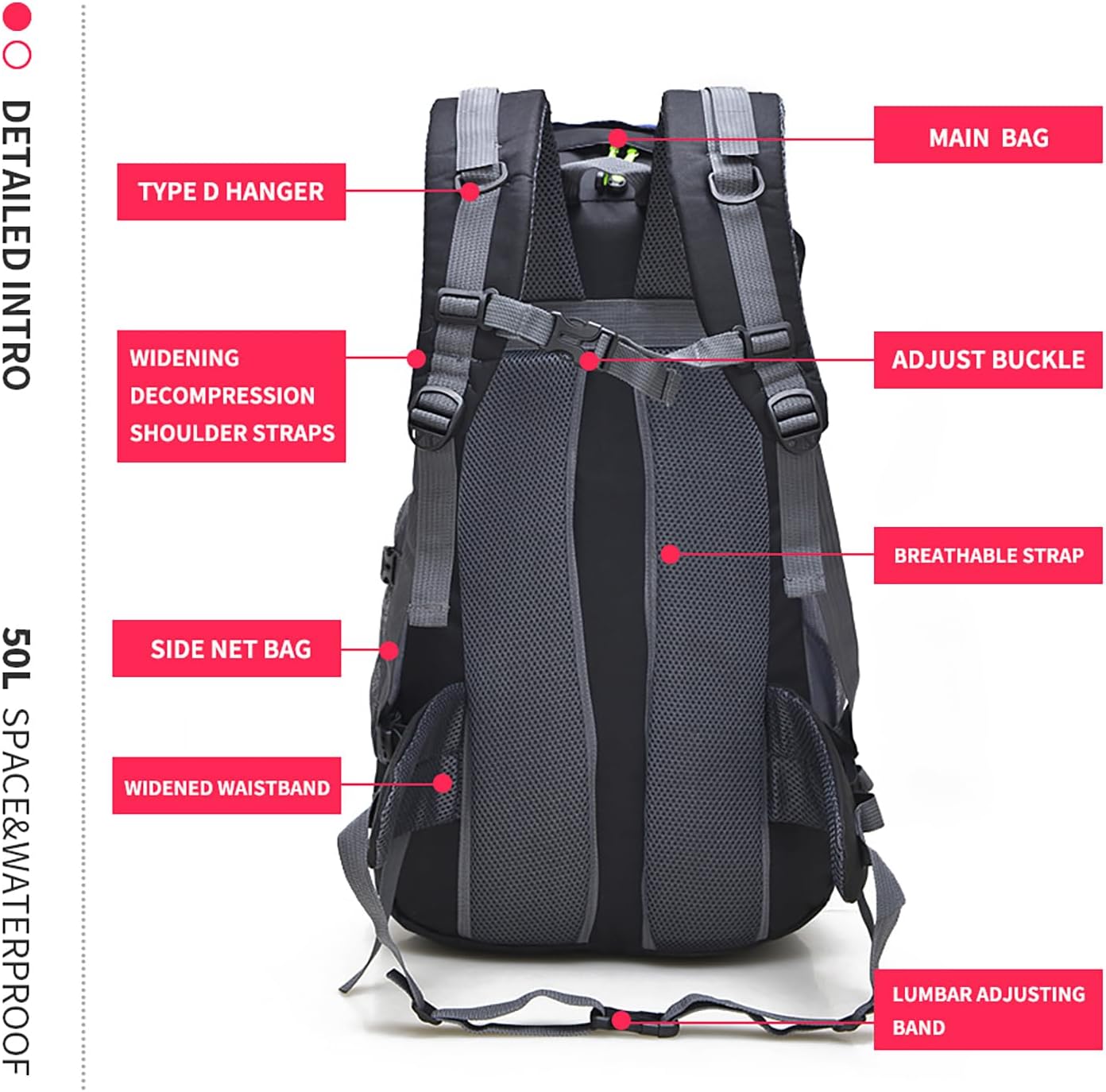 Bseash 50L Hiking Backpack, Water Resistant Lightweight Outdoor Sport Daypack Travel Bag for Camping Climbing Skiing Cycling (Blue - No Shoe Compartment)