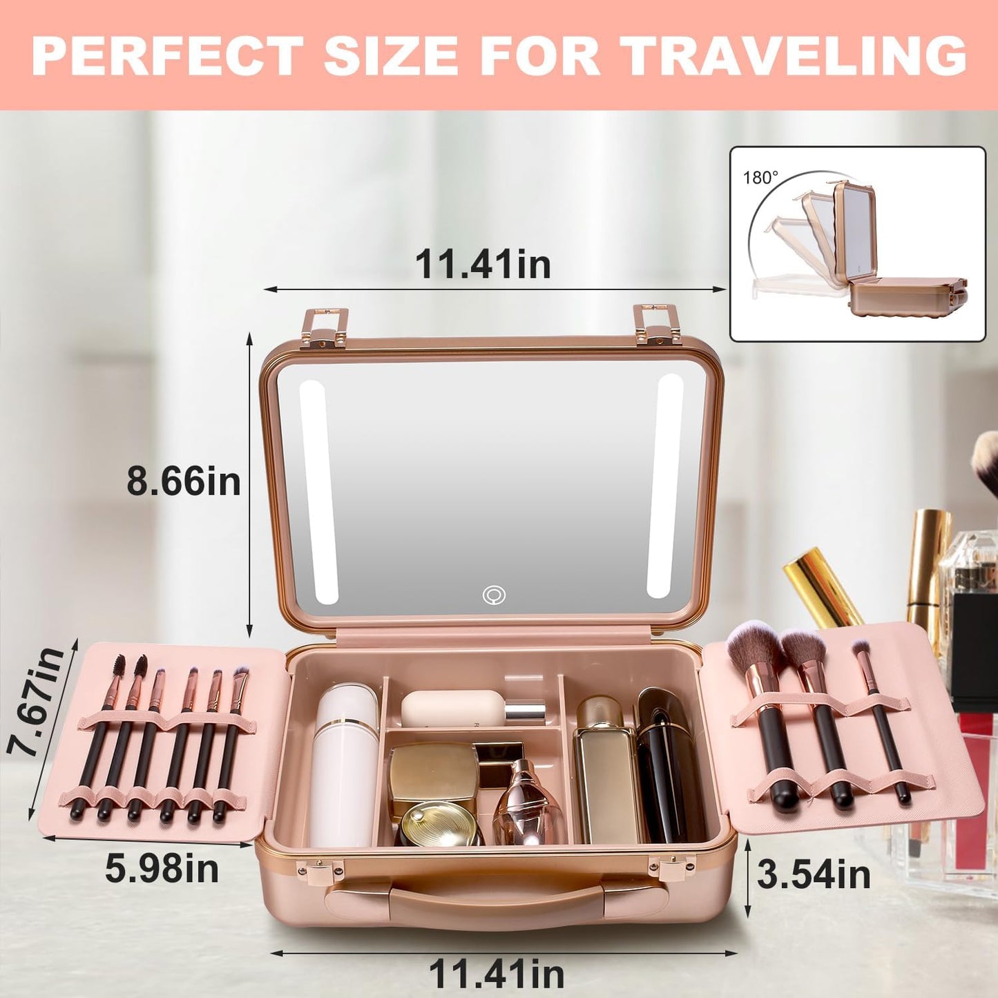 Mocado Travel Makeup Case with Lighted Mirror, Makeup Box with 8 Makeup Brushes and 10x Magnifying Mirror, Adjustable Brightness Makeup Train Case with Makeup Brushes Divider(Rose Gold)