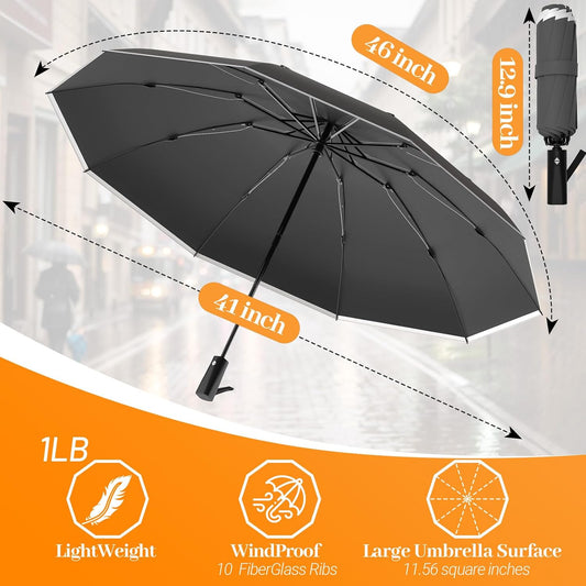 Travel Umbrella Superior, Beautiful & Compact, Large Strong but Light Portable and Automatic Folding Rain Umbrella, Premium Grip, Fits Car & Backpack