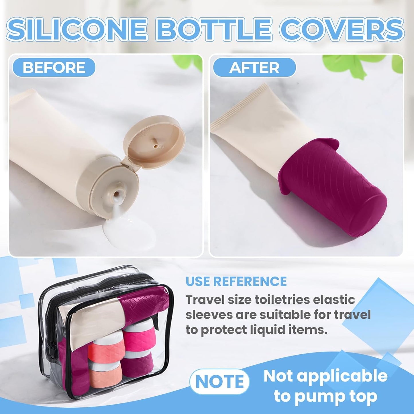 16Pack Travel Bottles for Toiletries, TSA Approved Travel Size Toiletries Containers Set, Silicone Leak Proof Refillable Bottles Elastic Sleeves Creams Jars Accessories Kit W/Clear Bag (Purplish Red)