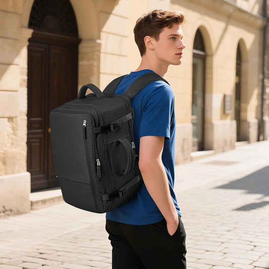 Hanples Travel Backpack for Women Men Large Carry On Person Item Flight Approved 17 In Laptop Backpack Waterproof anti theft Casual Luggage with 2 Toiletry Bag(Black)