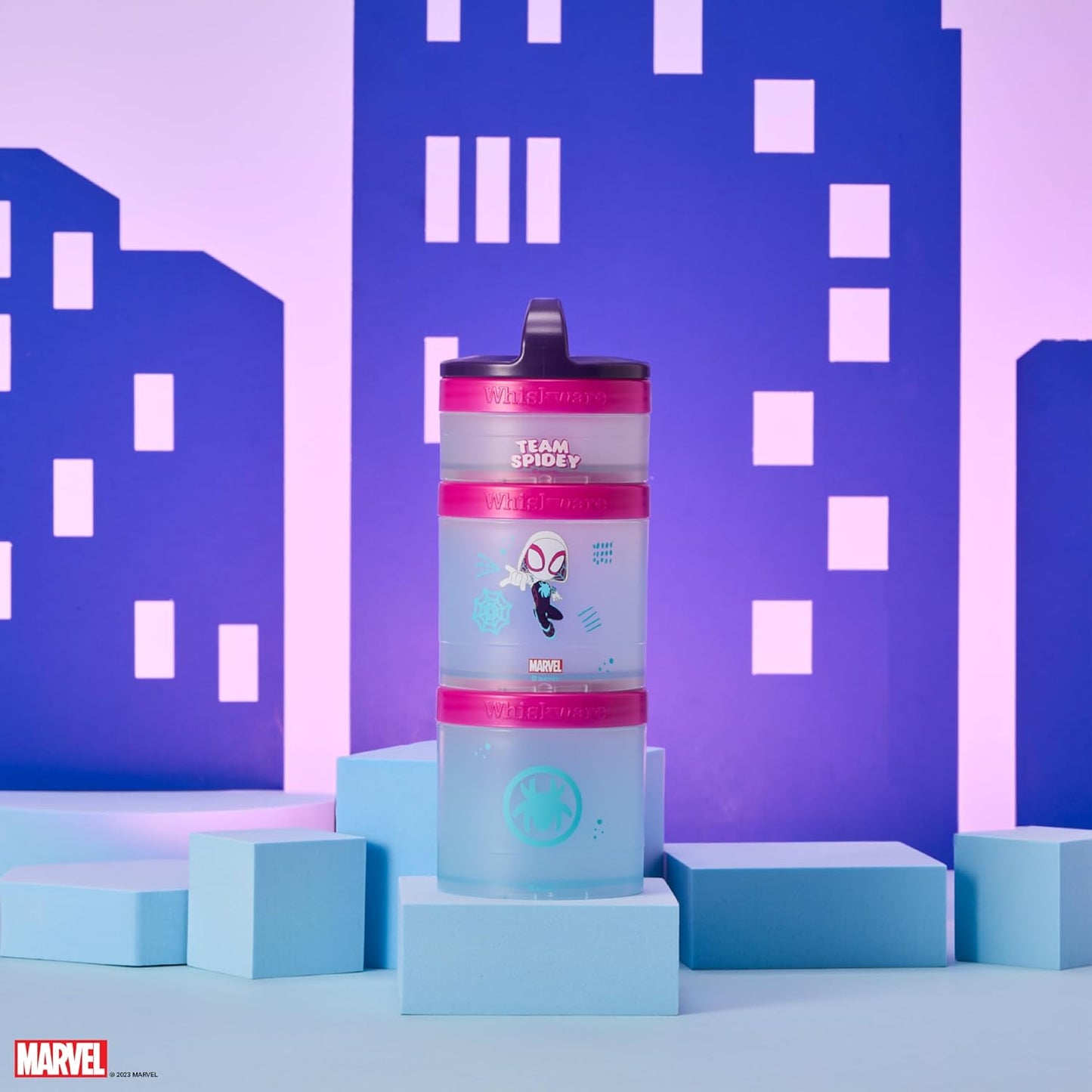 Whiskware Spider-Man Team Spidey Stackable Snack Containers for Babies, Kids, and Toddlers, 3 Stackable Snack Cups for School or Travel, Cupholder Friendly, Gwen Stacy
