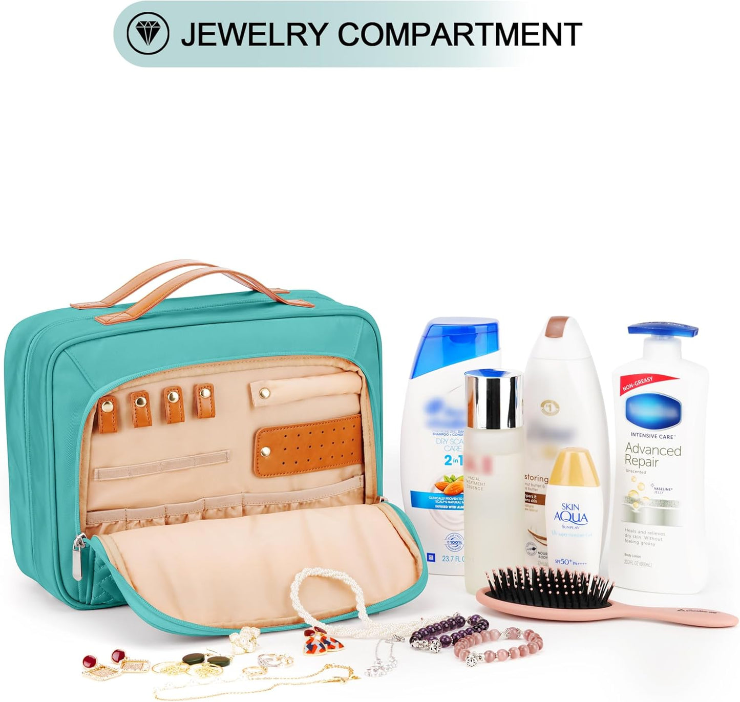 Travel Hanging Toiletry Bag for Women, Cruise Ship Essentials, with Jewelry Organizer, Extra Large Makeup Dopp Kit, Waterproof Cosmetic Bags, Toiletries Kit Set with Trolley Belt, Blue