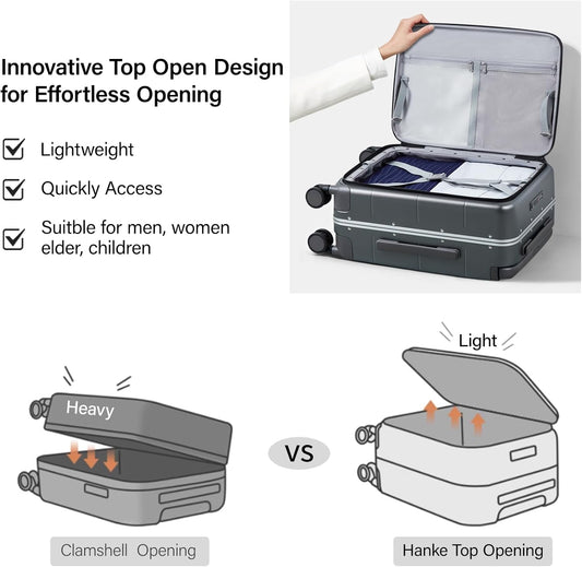 Hanke Top Opening Carry On Luggage, 20 Inch Zipperless Aluminum Frame Wide Handle Luggage, All-PC Hard Shell Trunk Suitcase with Spinner Wheels, TSA Airline Approved (Graphite Grey, 40L)