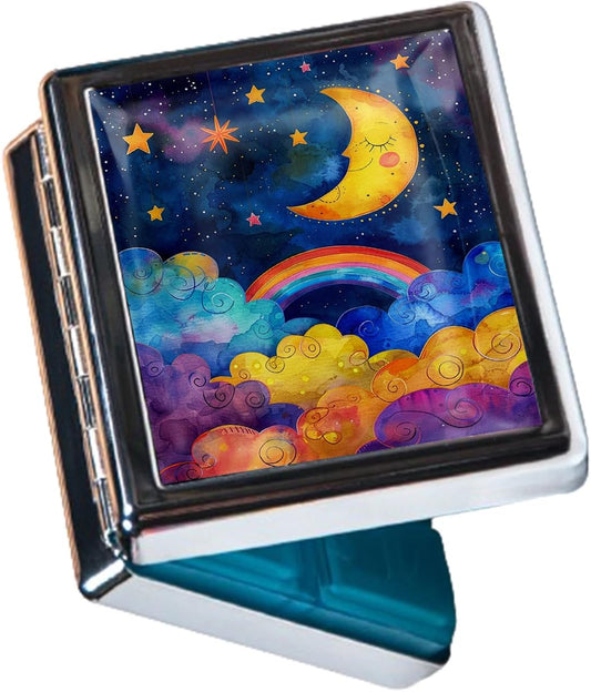 8‑Compartment Metal Pill Box Organizer – Portable Medicine Case 3″×2.6″ | Food‑Grade Dividers | Secure Snap Button Lid | Travel & Gift for Seniors (Dreamy Moon and Rainbow Skies)