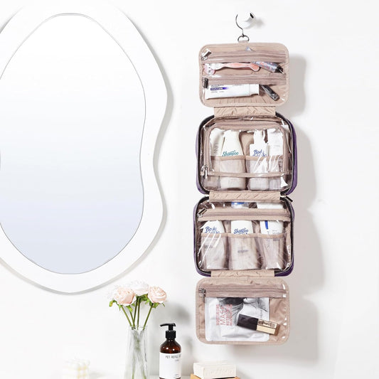 NISHEL Travel Toiletry Bag for women, Portable Hanging Organizer for Travel-Sized Shampoo, Conditioner, Brushes Set, Makeup Accessories, Medium Size, Purple