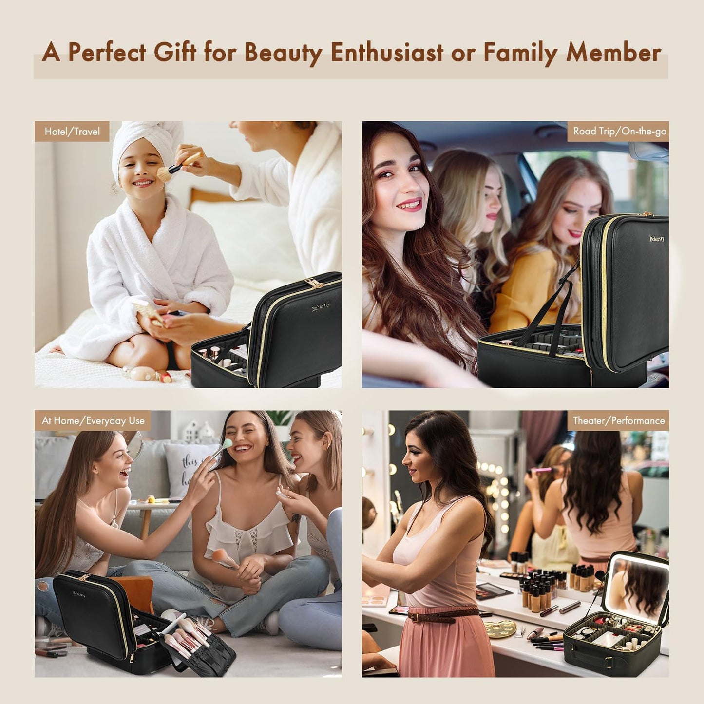 Travel Makeup Bag with LED Mirror Double Layer, Detachable Vanity Mirror with Lights, Tri-light Dimmable, Makeup Case with Adjustable Dividers and Brush Holder Cosmetic Organizer Storage Box