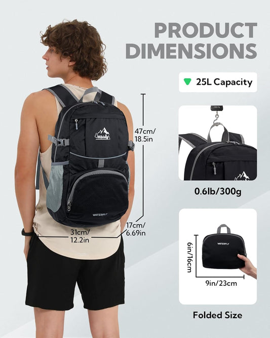 WATERFLY Hiking Foldable Daypack Backpack: 25L Ultra Lightweight Packable Waterproof Outdoor Travel Day Pack for Woman Man