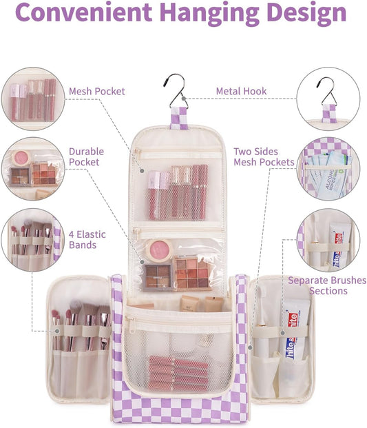 Narwey Checked Hanging Travel Toiletry Bag for Women, Travel Bag for Toiletries, Makeup Bag Organizer Cosmetic Bags Make Up Bags for Women (Purple Checkerboard)