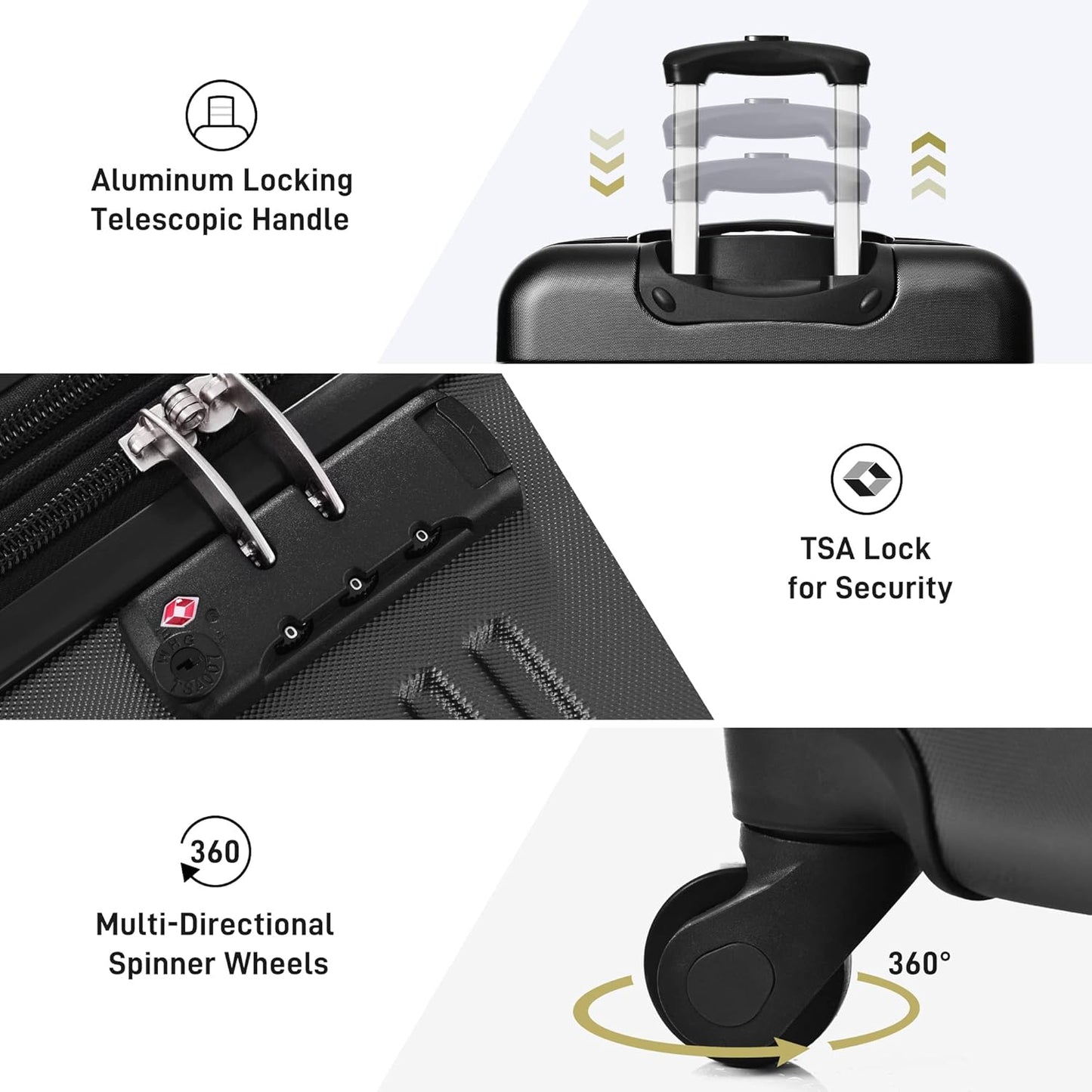 Merax Luggage Sets of 3 Piece Carry on Suitcase Airline Approved,Hard Case Expandable Spinner Wheels (Black)