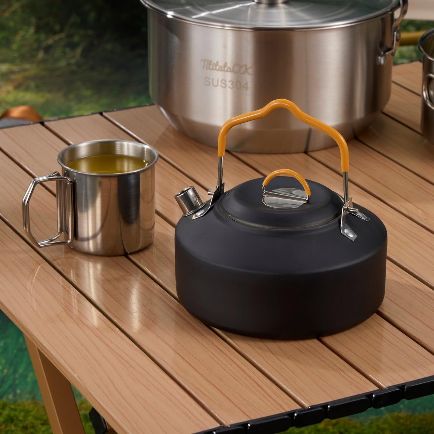 Camping Cookware Set 304 Stainless Steel 10pcs Pots & Pans,Kettle, Travel Mesh Bag for Camping, Trekking, Backyard Picnic & Backpacking Gear