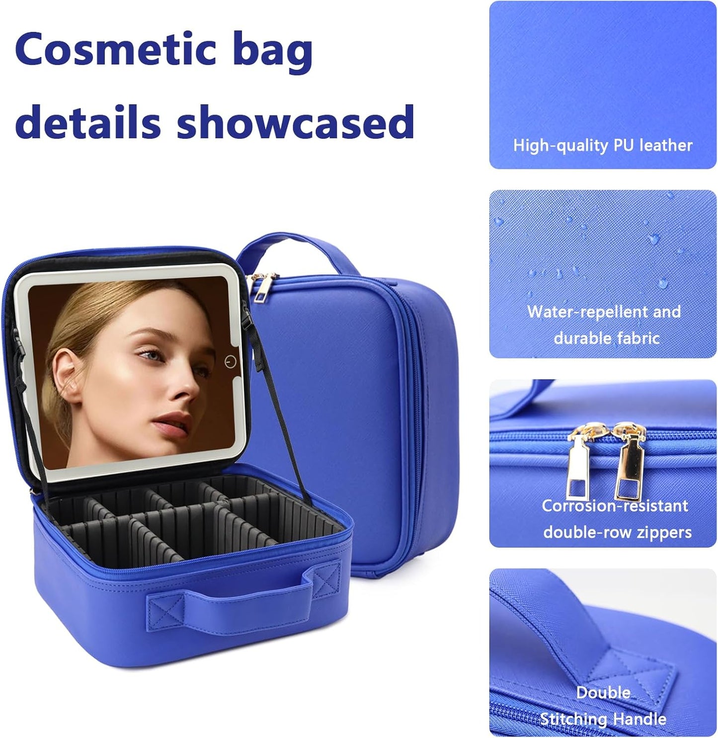 Travel Makeup Bag with LED Lighted Mirror, Travel Makeup Organizer,3 Color Setting Cosmetic Makeup Box, Adjustable Dividers and Brush Holder(dark blue)