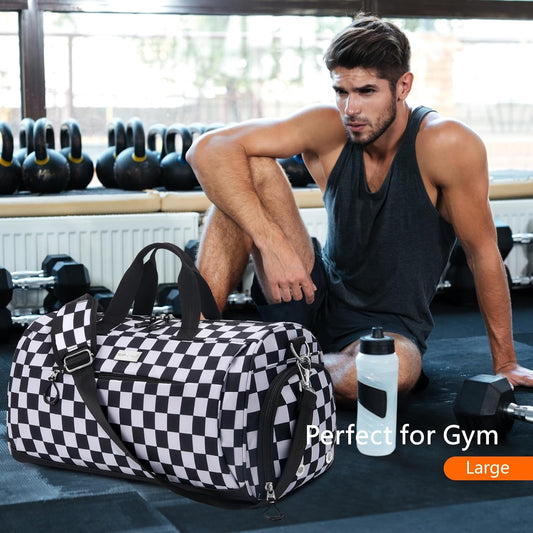 TOPDesign Gym Bag for Women & Men, Unisex Duffel Bag with Shoe Compartment & Wet Pocket for Travel Sports Gym (L Checkerboard)