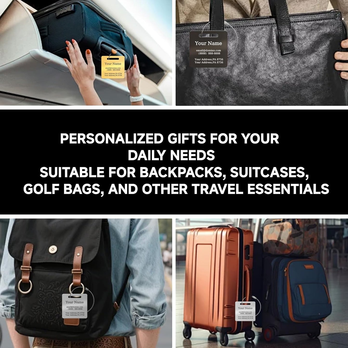 (2-Pack) Stainless Steel Custom Luggage Tags - Laser Engraved Personalized Travel Tags - Custom Name Identification Tags: for Suitcases, Backpacks, Bags and More (Silver)