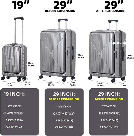 2 Pieces 19/29 Luggage Sets, 19 Inch Carry On Luggage with Front Pocket & 29 Inch Side Opening Suitcase, Ligthweight ABS+PC Hardshell, Gray