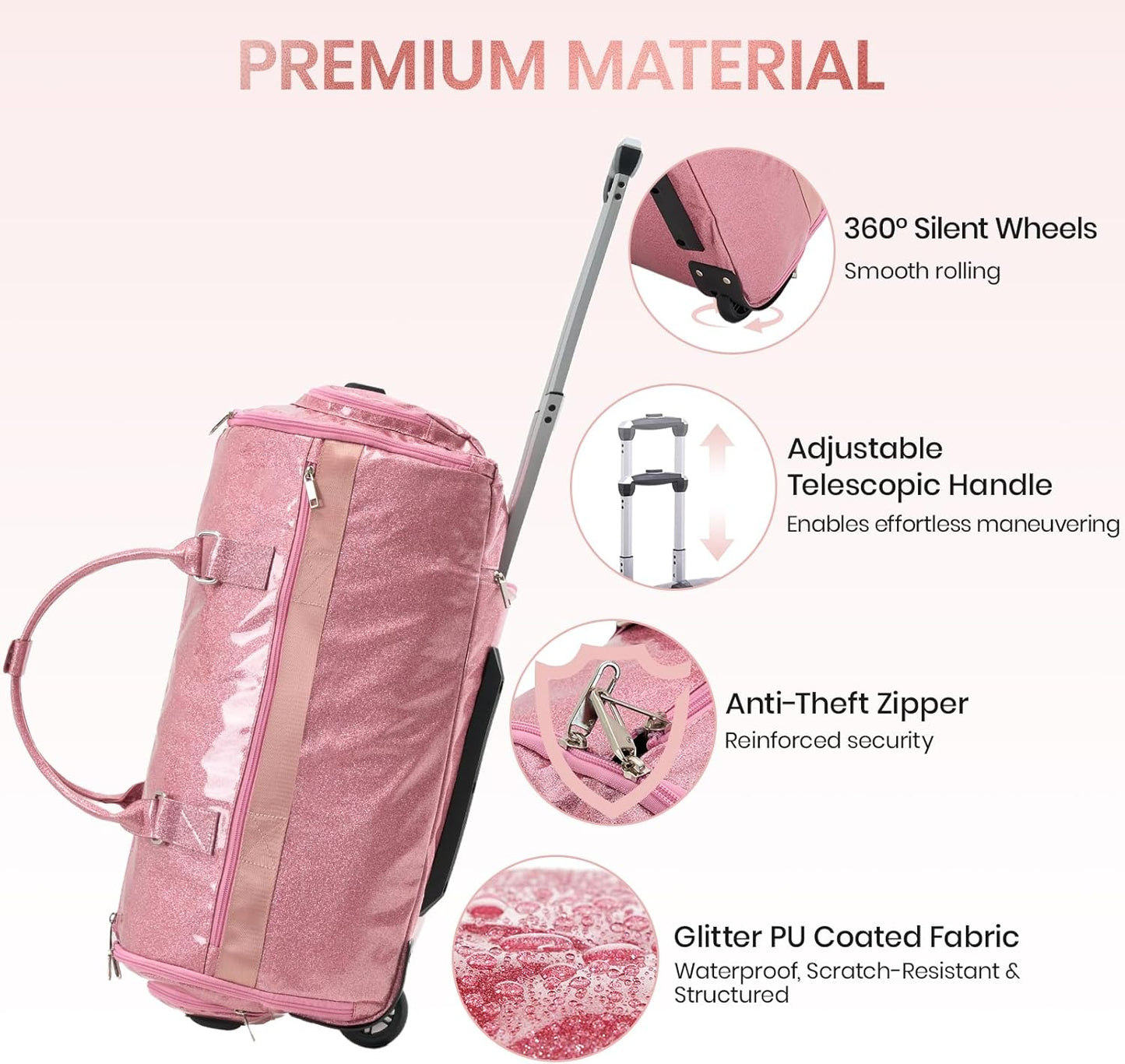 3-in-1 Rolling Garment Bags for Travel, Glitter Wheeled Carry-On Suit Luggage with Shoe Storage & Detachable Bag, Convertible Duffel Bag for Men Women Business Trips Weekender, Wrinkle-Free (Pink)