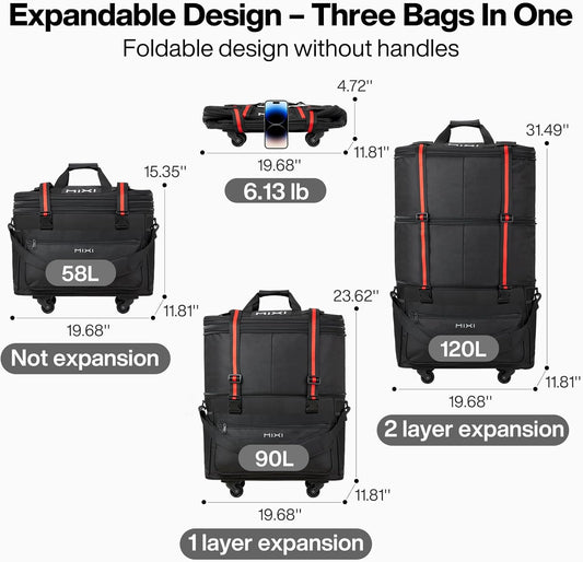 mixi Travel Bag with Wheels Expandable Foldable Luggage Bag Collapsible Rolling Travel Bag Duffel Bag Large Capacity Suitcase for Men Women, Black