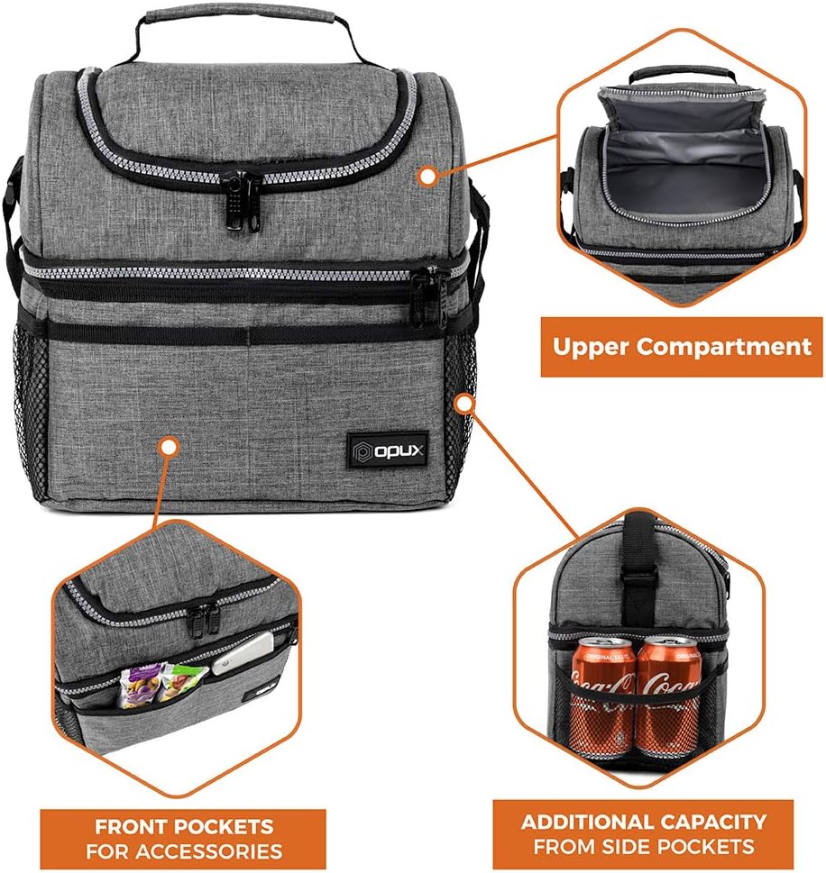 OPUX Lunch Box For Men Women, Insulated Large Lunch Bag Adult Work, Double Decker Lunchbox Meal Prep Dual Compartment Leakproof Lunch Cooler, Soft Lunch Pail Tote Boys Girls Kids School, Heather Gray