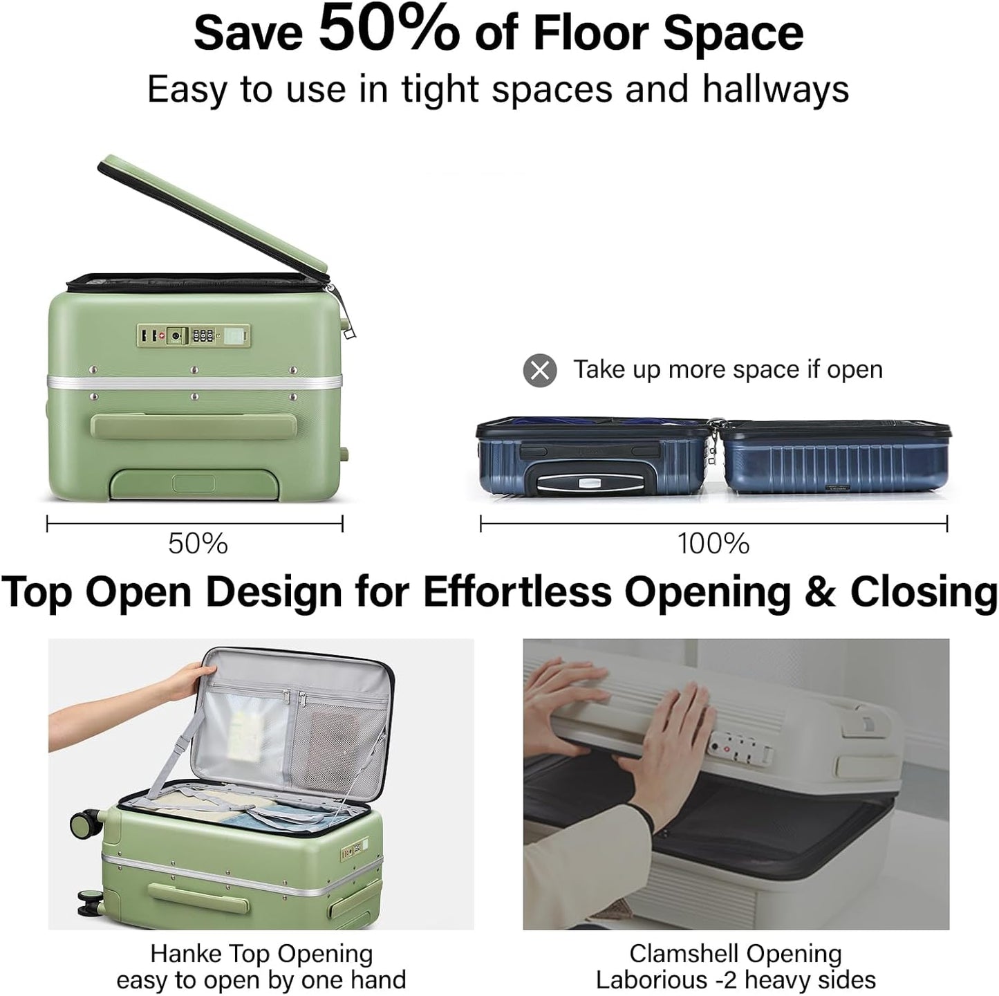 Hanke 24 Inch Luggage with Cup Holder and Charge,Top Opening Hard Shell Suitcases with Wheels and Dividers,Aluminum Frame Trunk Luggage Medium Checked Suitcase with Lock for Travel,Bamboo Green