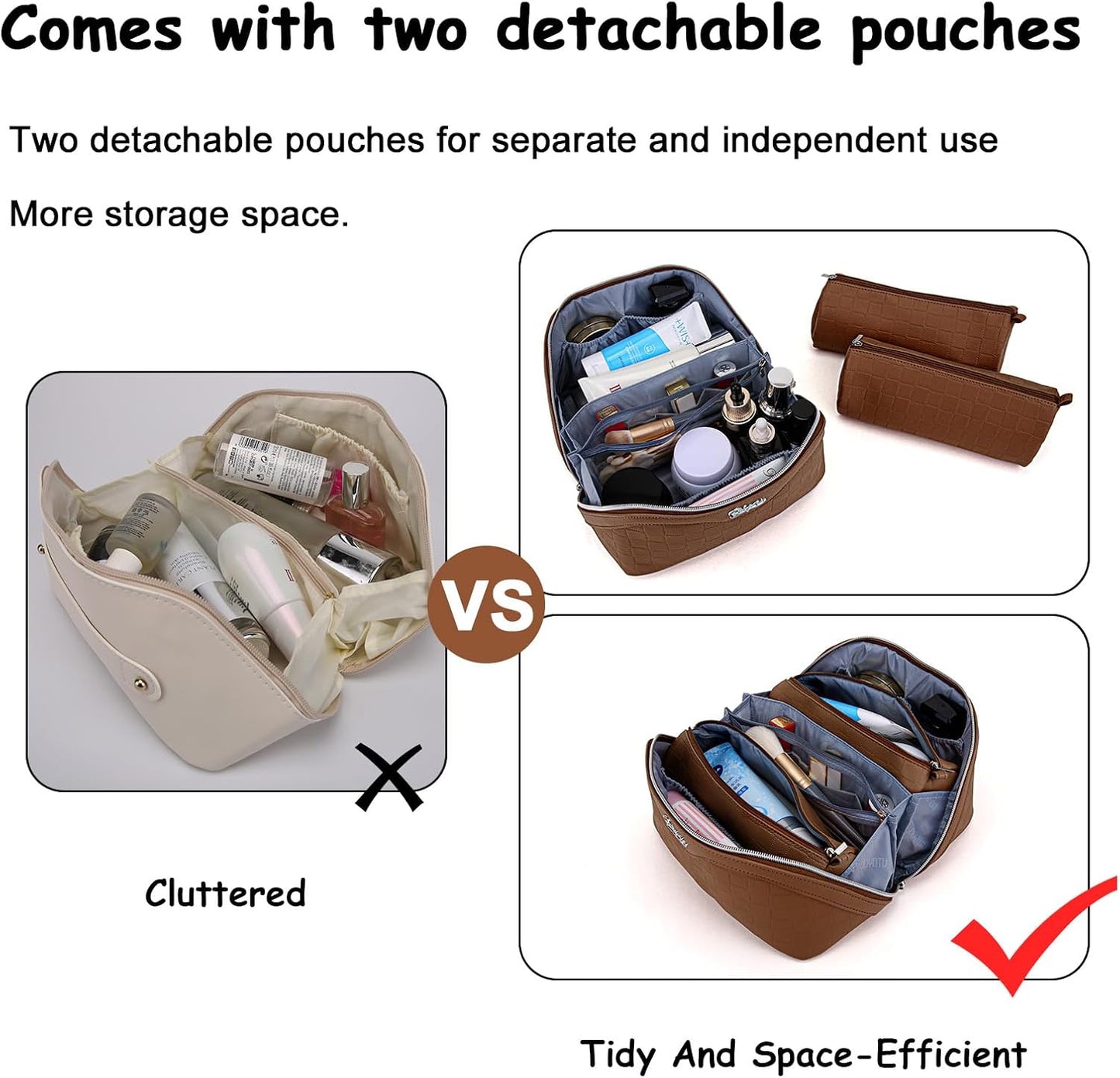 Travel Makeup Bag Organizer Cosmetic Bag: 3 Pcs Set Make up Bags for Women with Handle - Waterproof Vegan Leather Toiletry Bags with Comparments (C-03-Brown)