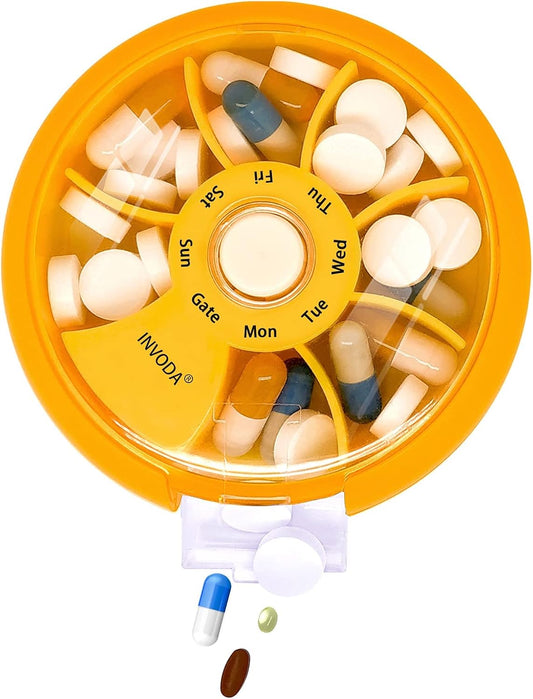 INVODA Weekly Pill Organizer 7 Compartment Rotating Pill Box for Daily Medication & Vitamins - Portable Travel Pill Case Fish Oil Supplements Vitamins Organizer (Orange)