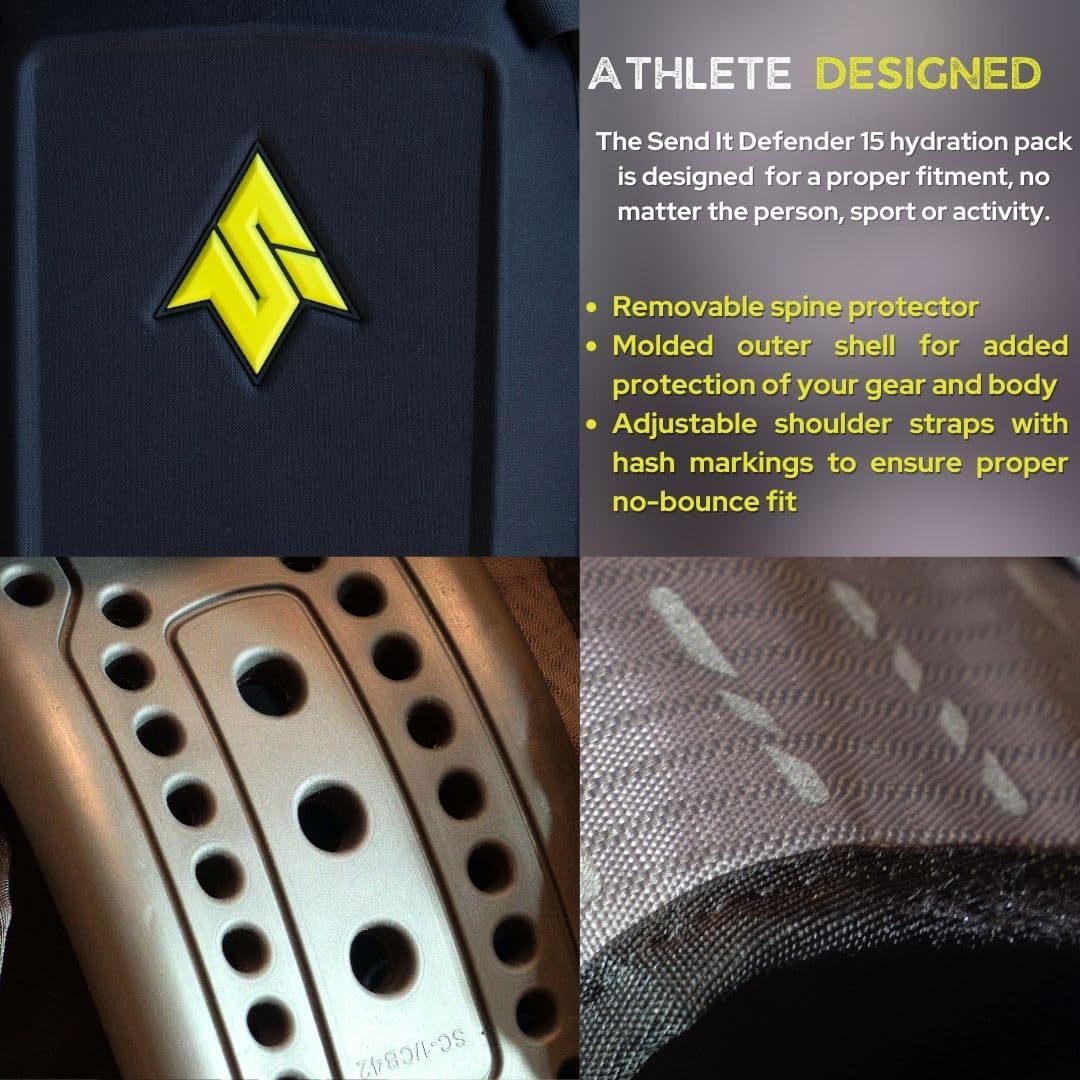 Send It Defender 15 Hydration Backpack - MTB, Moto Bag with Spine Protector for Men and Women. 15L Capacity Mountain Bike Hydration Pack - Mountain Bike Protective Gear – Adjustable Fit for Everyone