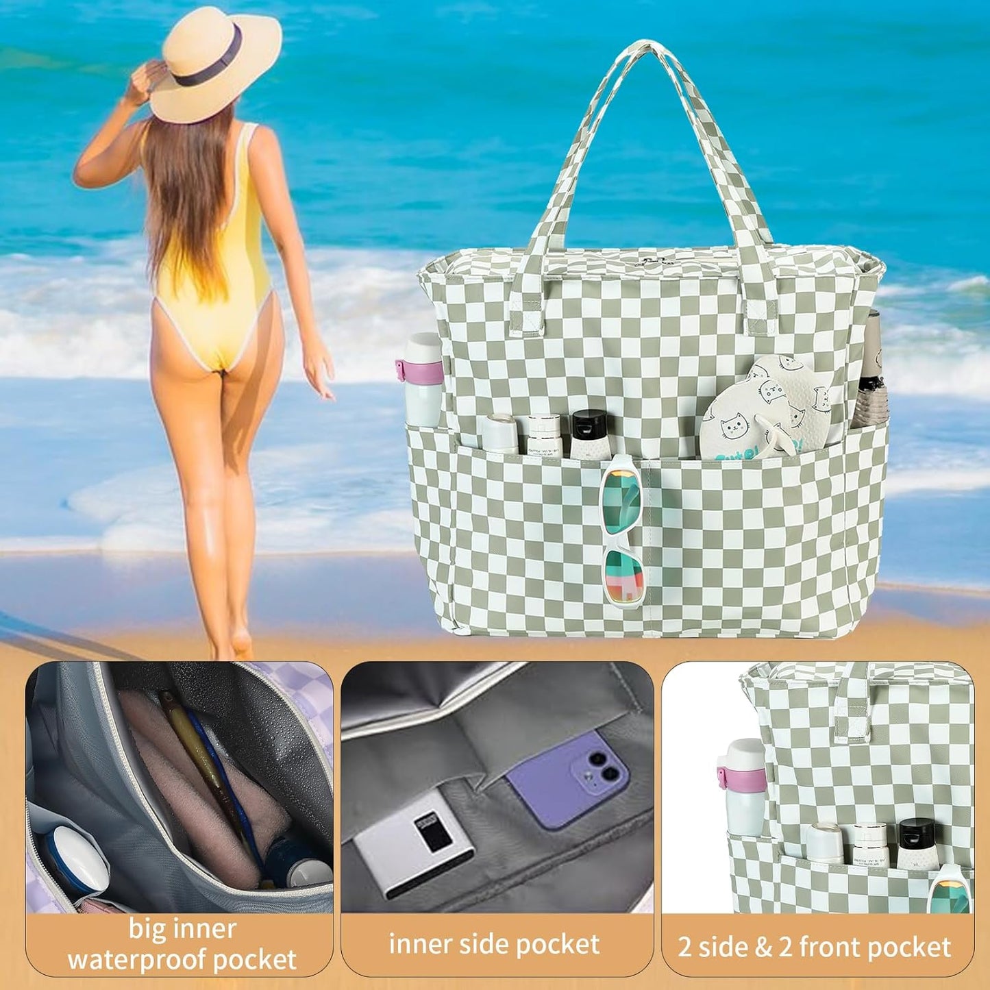 LEDAOU Large Beach Tote Bag Women Waterproof Sandproof Zipper Beach Tote Bag for Pool Gym Grocery Travel with Wet Pocket