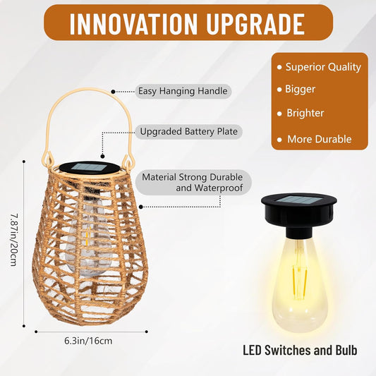 HPC Decor 2 PK Solar Lanterns - Outdoor Waterproof, Hemp Rope Solar Lights,Hanging Solar Lanterns Outdoor,Solar Lamp Lights,Decoration for Garden, Patio, Porch, Trees, Pathway,Outside.