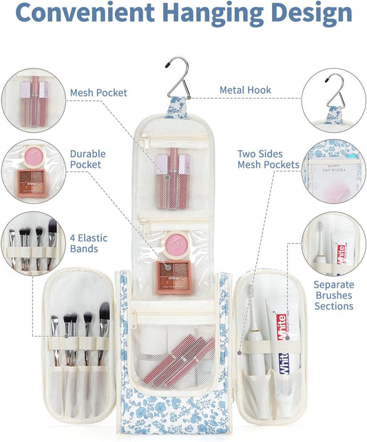 Narwey Hanging Toiletry Bag Women Travel Makeup Bag Organizer Toiletries Bag for Travel Size Essentials Accessories Cosmetics (Medium,Little Blue Flower)