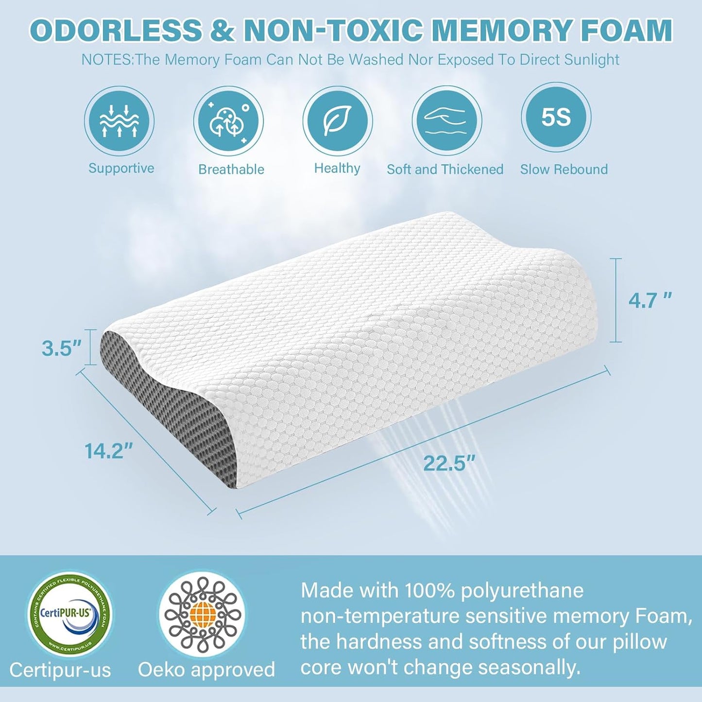 2 Pack Memory Foam Cooling Bed Pillows for Sleeping, Ergonomic Cervical Pillow for Neck and Shoulder Pain Relief, Adjustable Cold Pillow Set of 2,with Pillowcase(Grey)