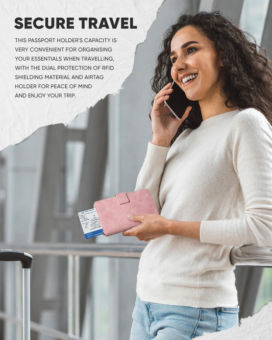 VULKIT Passport Holder with Airtag Holder RFID Blocking Passport Wallet Travel Leather Passport for Women(Pink)