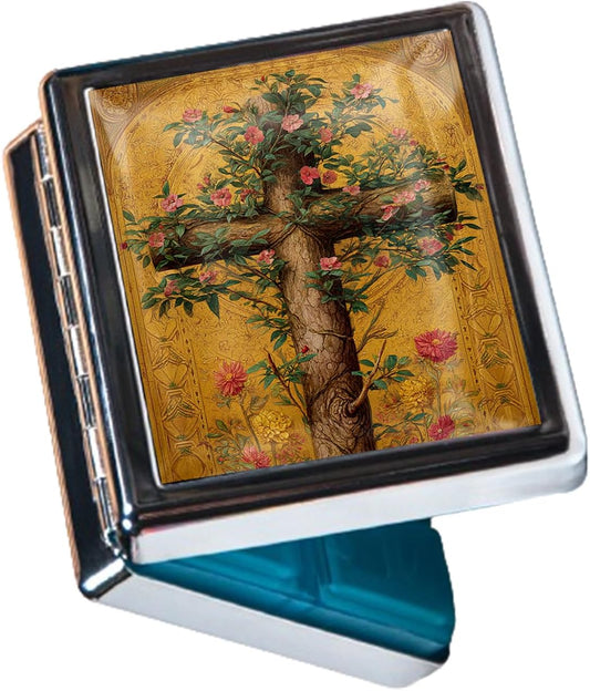 8‑Compartment Metal Pill Box Organizer – Portable Medicine Case 3″×2.6″ | Food‑Grade Dividers | Secure Snap Button Lid | Travel & Gift for Seniors (Floral Cross of Life)