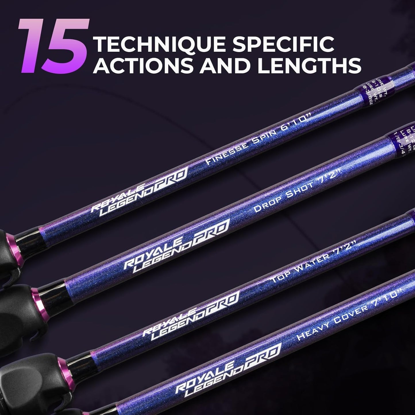 KastKing Royale Legend Pro Technique Bass Fishing Rods, KastFlex IM7 Graphite Blanks, Fuji FazLite Guides, SlipLock Technology Handles, PTS Power Transition System, Custom Foregrip and Hook Keeper
