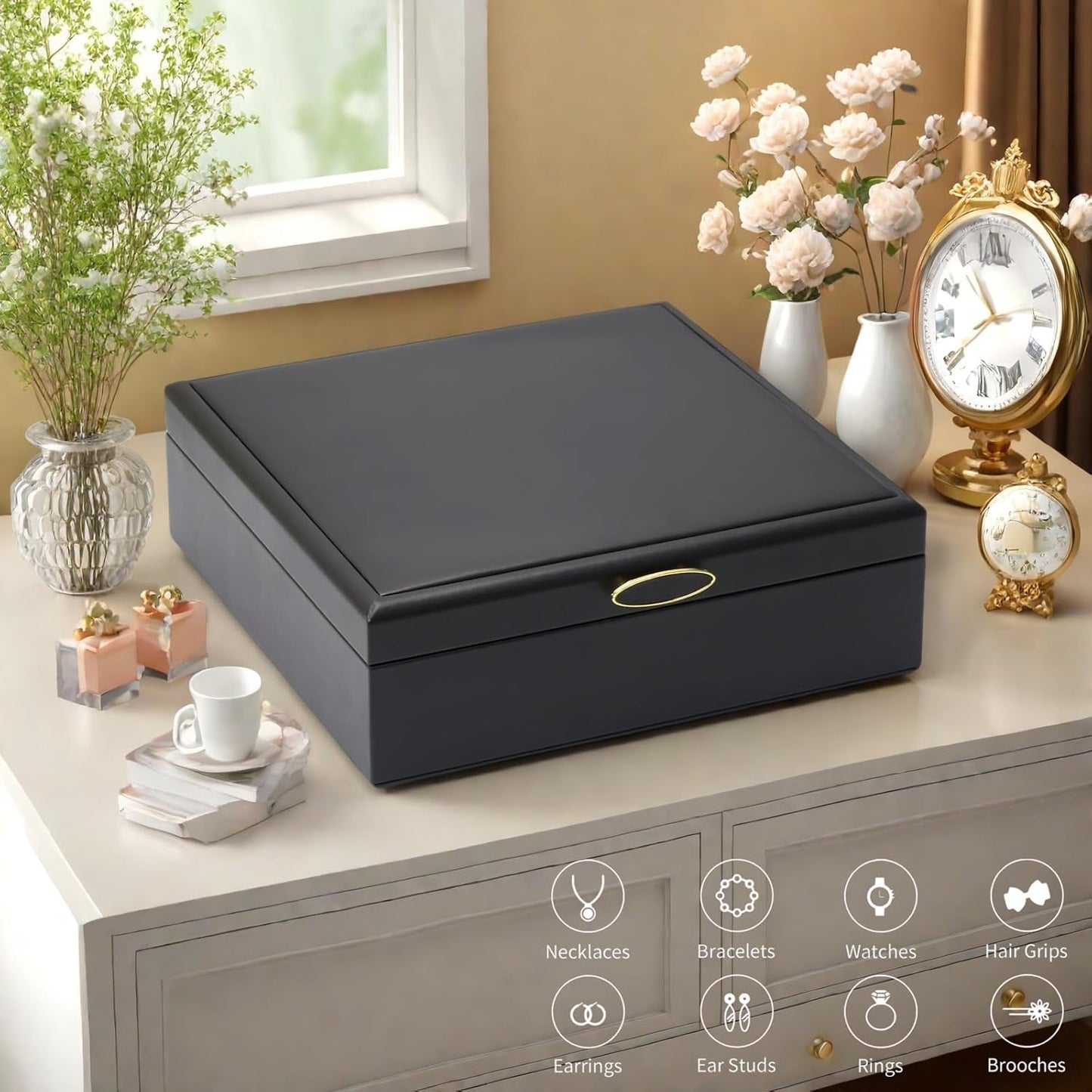 2-layer jewelry box,Jewelry Organizer with Handle,with hanging necklace hooks, detachable jewelry trays, suitable for storing a large amount of jewelry gift box (Large-Black)