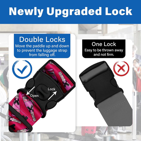 2 Pack Luggage Straps for Suitcases, Adjustable Travel Belt with Double Lock and Quick Release Buckle, Heavy Duty Nylon Bag Packing Strap, Bright Identifiers Business Travel Accessories-Pink Bottles