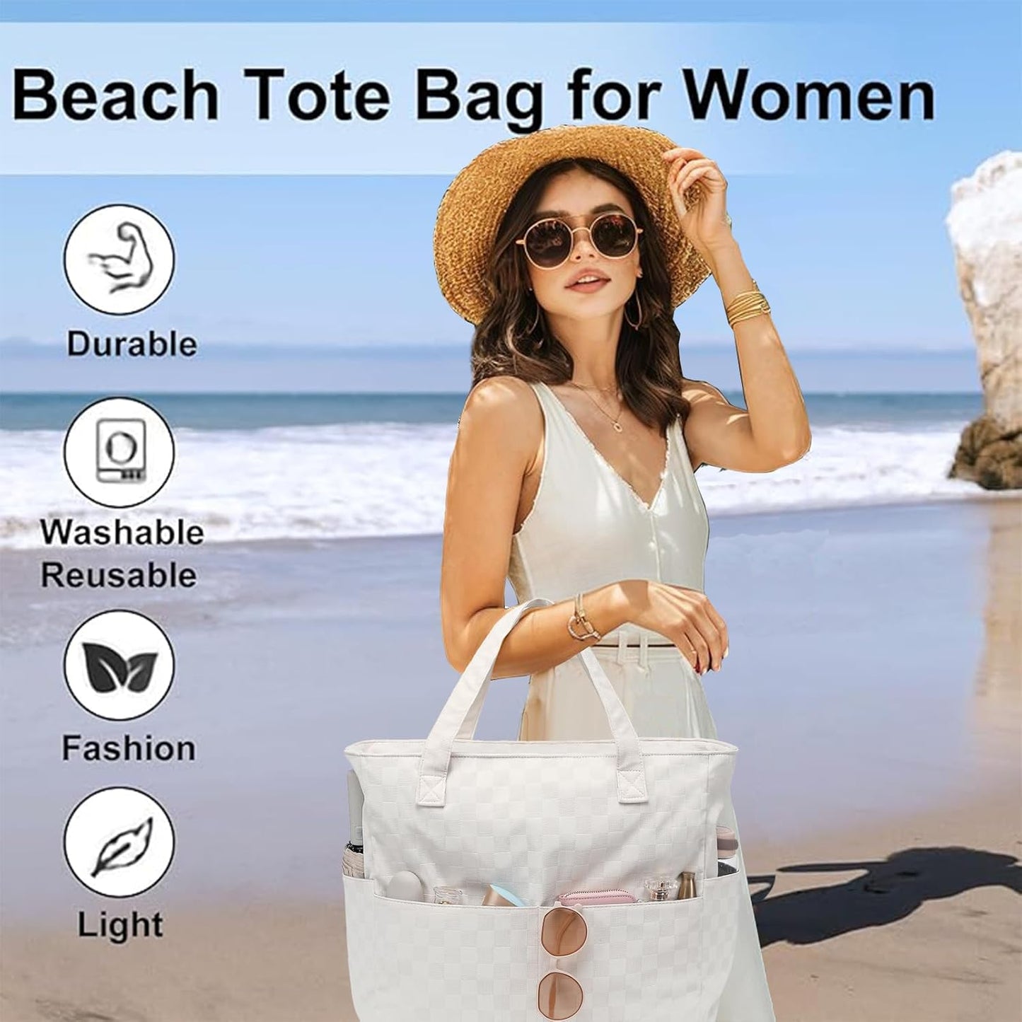 LEDAOU Beach Bag Waterproof Sandproof Women Tote Bag Pool Bag with Zipper for Gym Grocery Travel with Wet Pocket