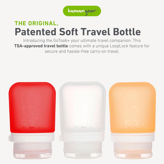 humangear GoToob+ 3-Pack (Small) | Refillable Silicone Travel Bottle | Locking Lid | Food-Safe Material, Clear/Red/Orange, Small (1.7 fl.oz; 53ml)