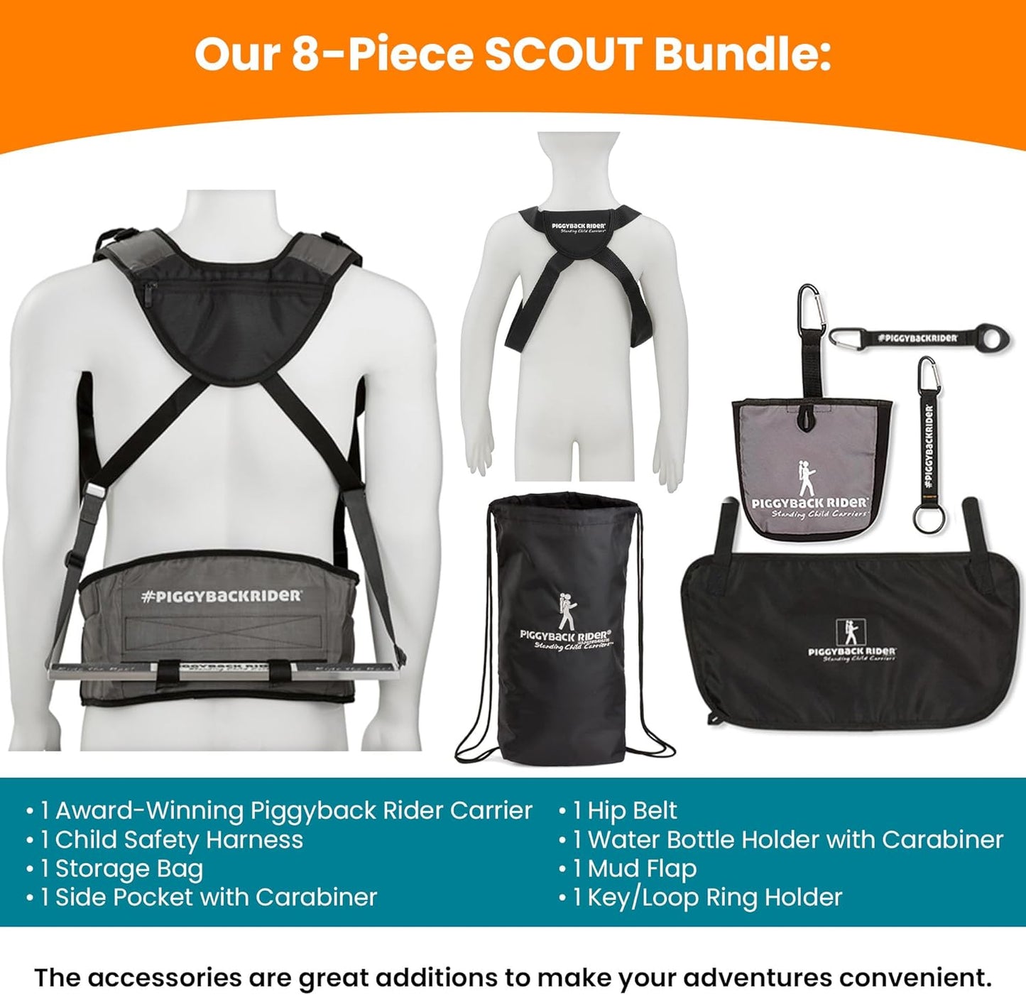Piggyback SCOUT Toddler Carrier Backpack Deluxe - 6 Piece Set: Hip Belt, Carry Bag, Side Pocket, Mud Flap, Water Bottle & Selfie Stick Holders - For Ages 2-4 (Under 50 lbs) - Hiking & Travel
