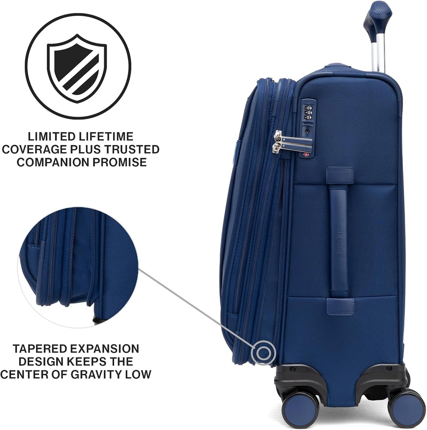 Travelpro VersaPack+ Lightweight Softside Expandable Carry on Luggage, 8 Spinner Suitcase, TSA Lock, Men and Women, Carry On 21-Inch, Estate Blue