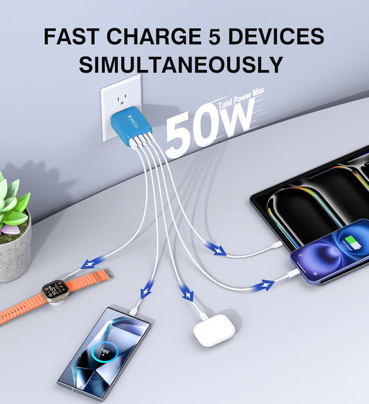 2-Pack USB C Wall Charger Block,50W 5-Port C Charger Fast Charging Block PD Power Adapter +QC 3.0 Multiport Type C Box Charger Cube USB A Wall Plug for iPhone 16/15/14/13 Pro Max,Samsung Galaxy(Blue)