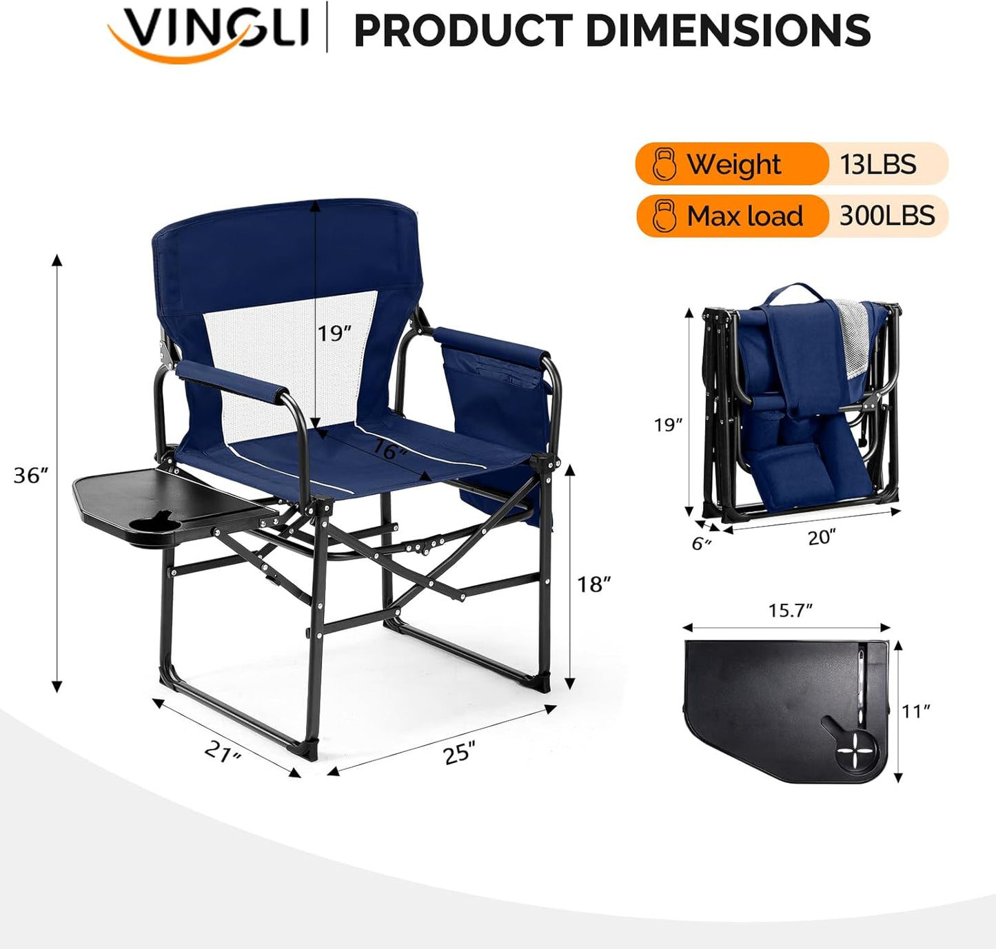 VINGLI Camping Chairs, Directors Chair, Camping Chair with Side Table & Carry Bag,Heavy Duty Camping Chairs for Adults,Portable Folding Camping Chair 2 Pack, for Beach, Fishing,Trip,Picnic,Lawn-Blue